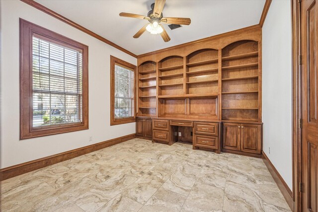 4505 Mimosa Dr, Bellaire, TX 77401 - unfurnished office featuring built in desk, ceiling fan, built in features, and ornamental molding