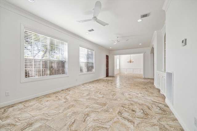 4505 Mimosa Dr, Bellaire, TX 77401 - empty room with ceiling fan with notable chandelier and ornamental molding