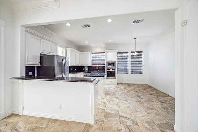 4505 Mimosa Dr, Bellaire, TX 77401 - kitchen with white cabinetry, kitchen peninsula, stainless steel appliances, tasteful backsplash, and hanging light fixtures