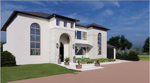 view of front facade featuring stone siding, a front lawn, and stucco siding