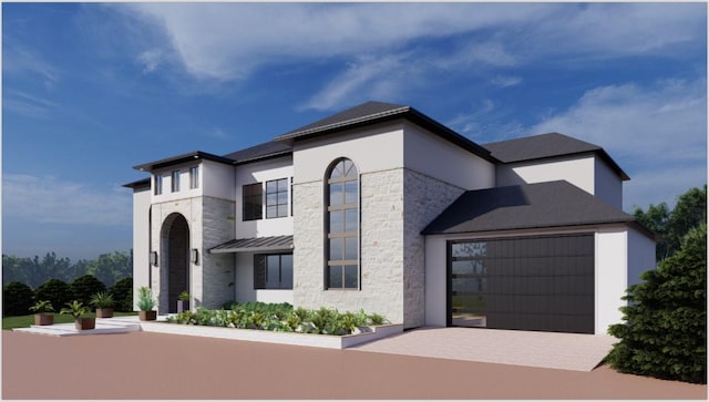 view of front of property with metal roof, stone siding, driveway, stucco siding, and a standing seam roof