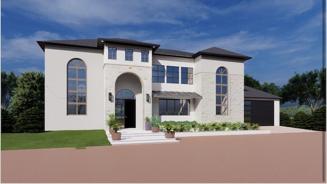 view of front of house with driveway, an attached garage, and stucco siding