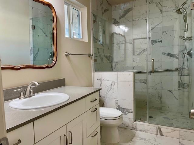 bathroom featuring walk in shower, vanity, and toilet