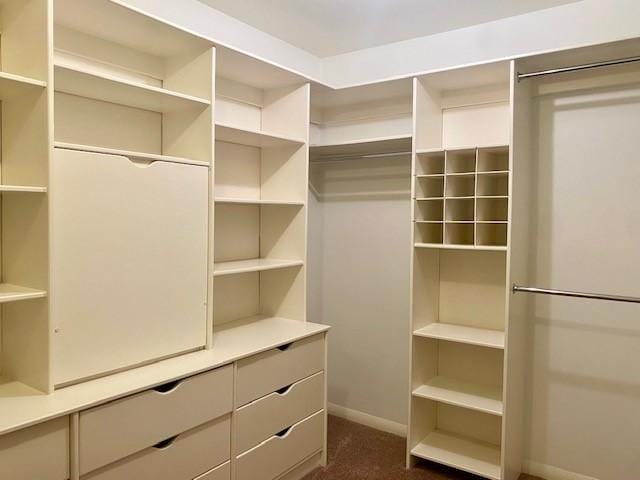 walk in closet featuring dark colored carpet