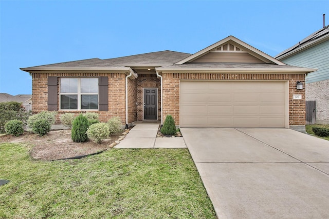 ranch-style house with a front yard and a garage