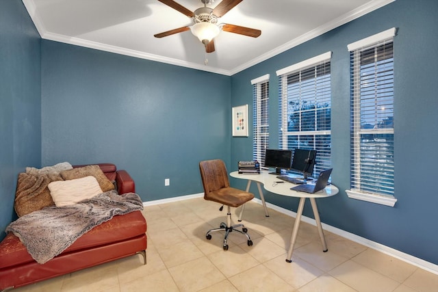 office space featuring ceiling fan, tile patterned floors, and crown molding