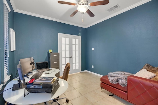 office with ceiling fan, light tile patterned floors, ornamental molding, and french doors