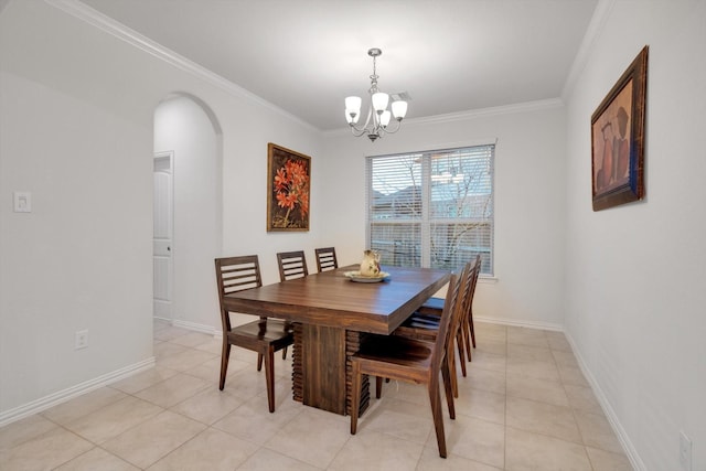 dining space featuring an inviting chandelier, light tile patterned floors, and crown molding