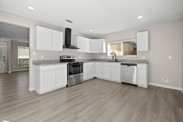 kitchen featuring white cabinets, wall chimney exhaust hood, sink, and stainless steel appliances