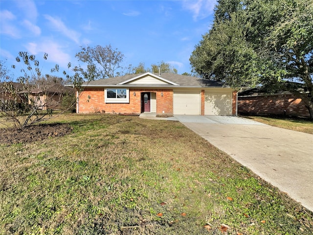 single story home featuring a garage and a front yard