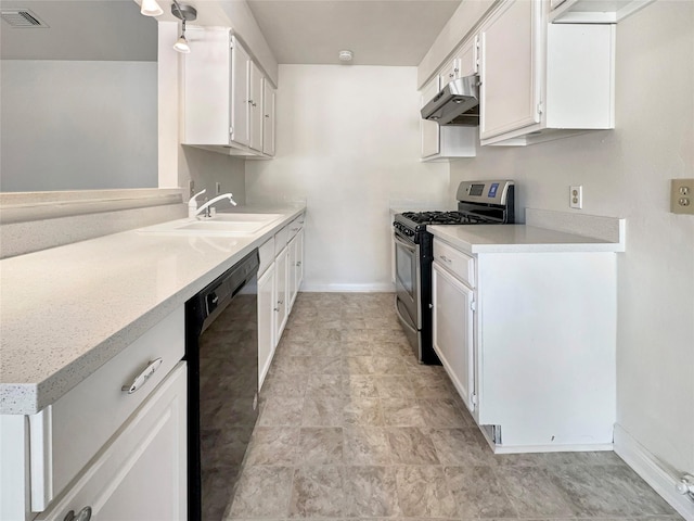 kitchen featuring white cabinets, stainless steel gas stove, sink, and black dishwasher