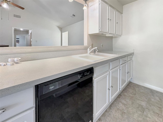 kitchen featuring sink, white cabinetry, dishwasher, and vaulted ceiling