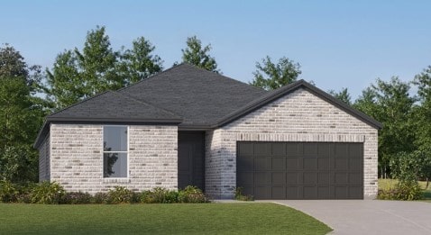 ranch-style home with a front lawn and a garage