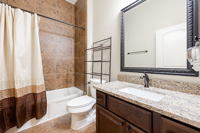 full bathroom with toilet, shower / bath combination with curtain, and vanity