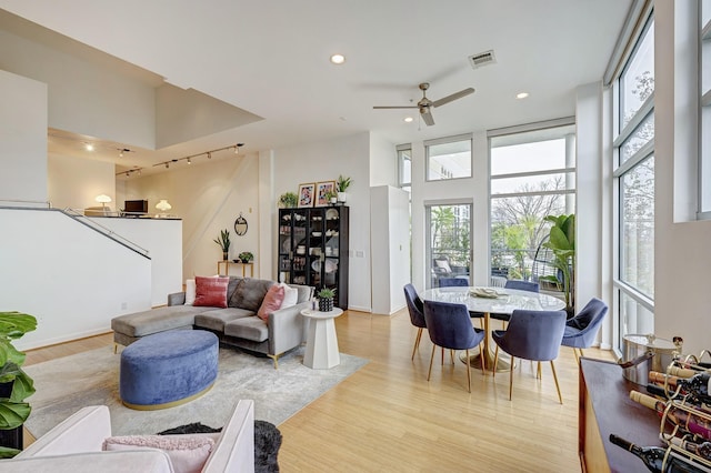 living room featuring ceiling fan, expansive windows, light wood-type flooring, and rail lighting