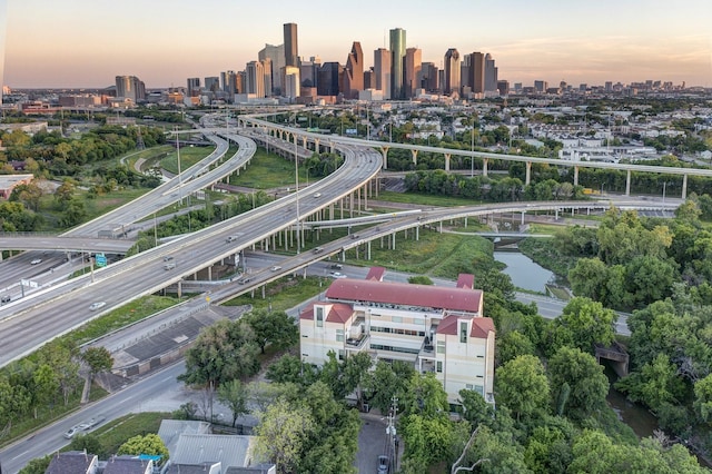 view of aerial view at dusk