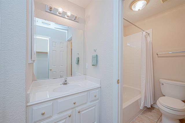 full bathroom with toilet, shower / bath combination with curtain, tile patterned floors, and vanity