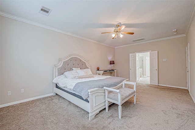 bedroom with ceiling fan, light colored carpet, and ornamental molding