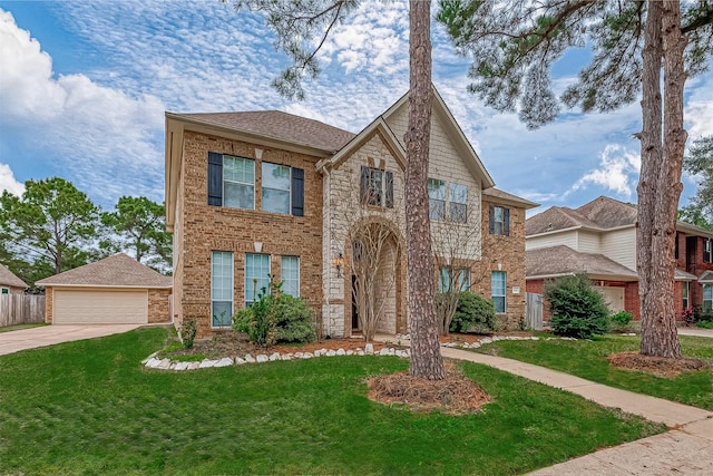 view of front of house featuring an outbuilding, a garage, and a front yard