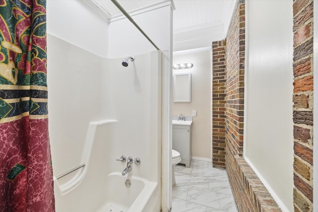 full bathroom with brick wall, vanity, toilet, crown molding, and shower / bathtub combination with curtain