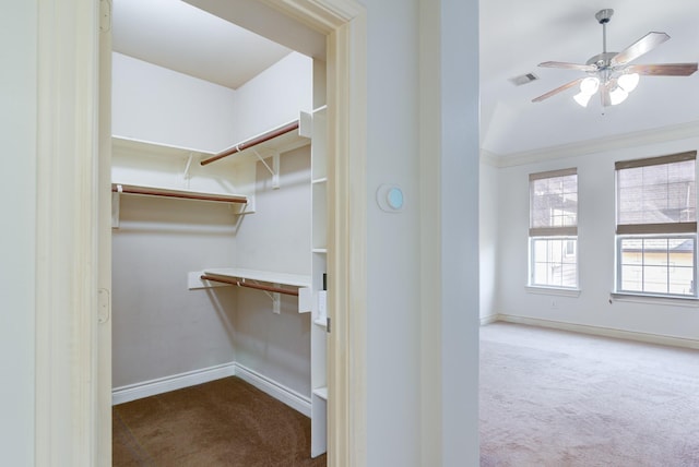 spacious closet with ceiling fan and carpet flooring