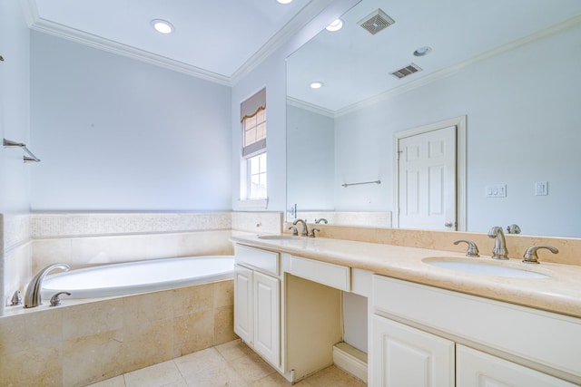 bathroom featuring tiled bath, tile patterned floors, vanity, and ornamental molding