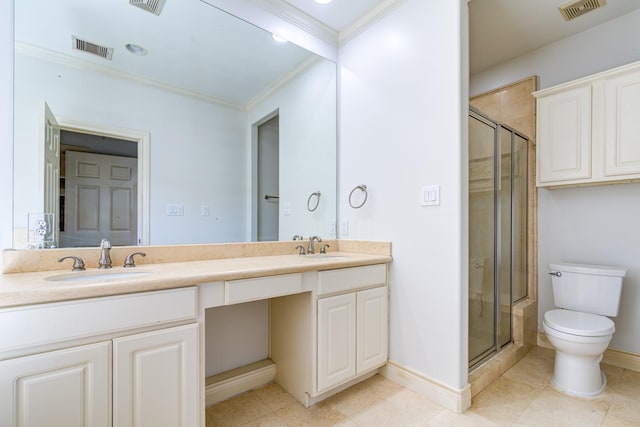 bathroom with toilet, vanity, a shower with door, and ornamental molding