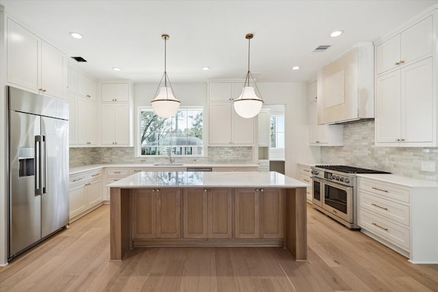 kitchen with white cabinetry, sink, premium appliances, and a kitchen island