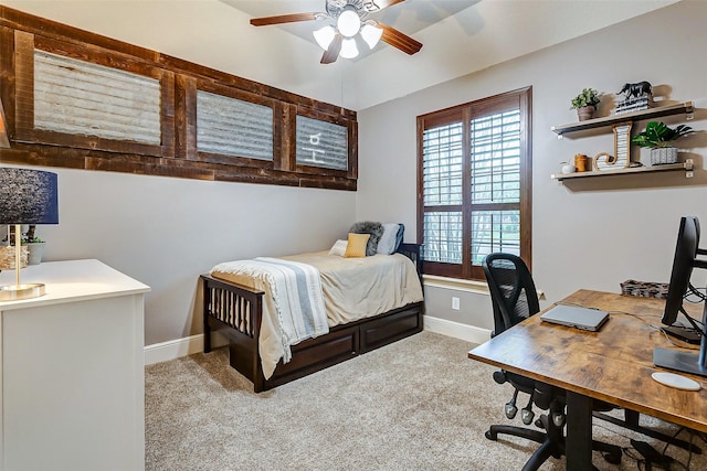 bedroom with ceiling fan and light colored carpet