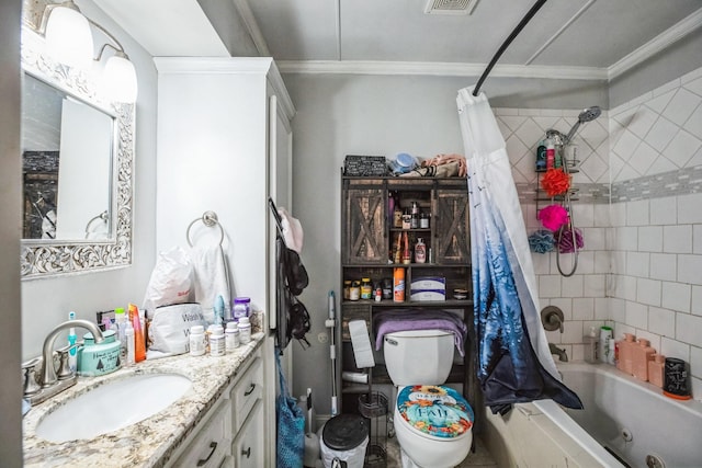 full bathroom with toilet, vanity, ornamental molding, and shower / bathtub combination with curtain