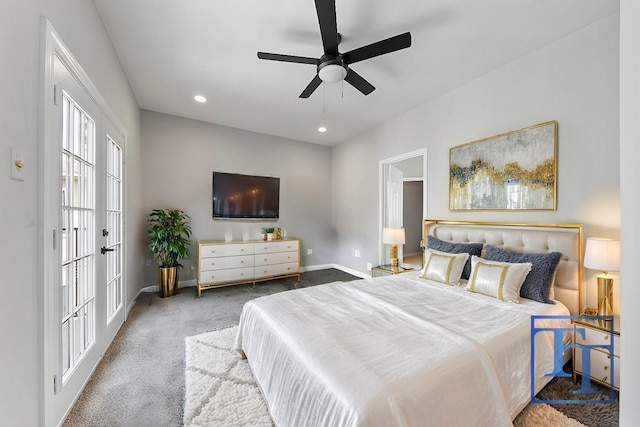 bedroom with ceiling fan, carpet flooring, and french doors