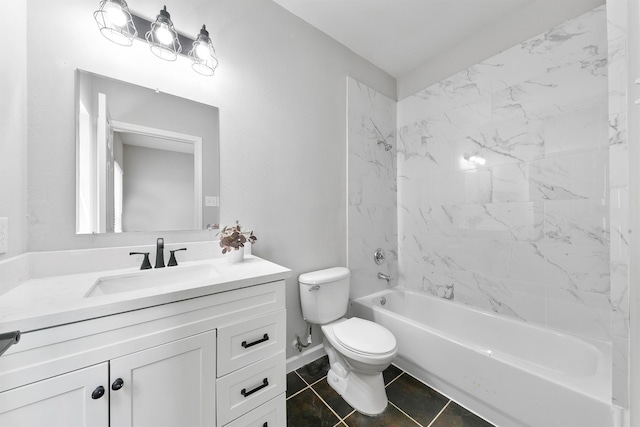 full bathroom featuring toilet, tile patterned flooring, tiled shower / bath, and vanity