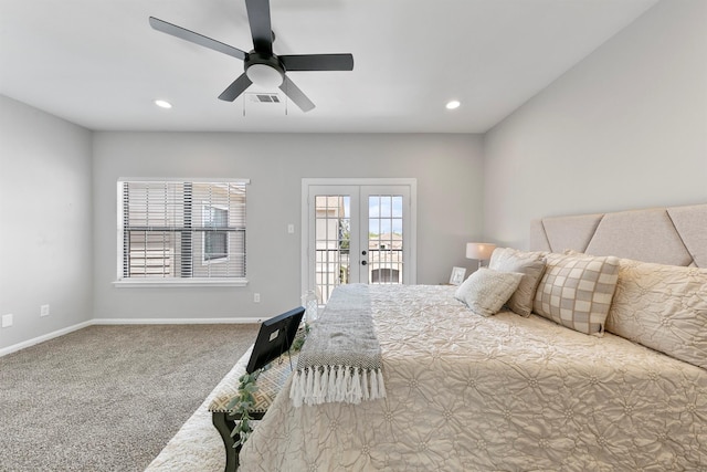 bedroom featuring ceiling fan, access to exterior, french doors, and carpet floors