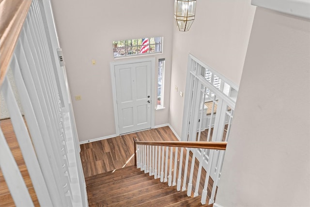 entrance foyer featuring dark wood-type flooring, a healthy amount of sunlight, and a high ceiling