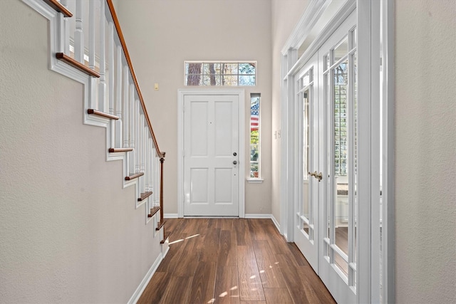 entrance foyer with dark hardwood / wood-style flooring, a towering ceiling, and a wealth of natural light