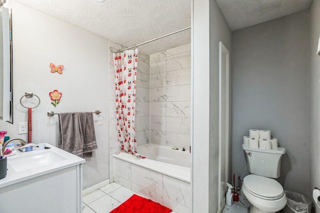 full bathroom with a textured ceiling, toilet, vanity, and shower / tub combo with curtain