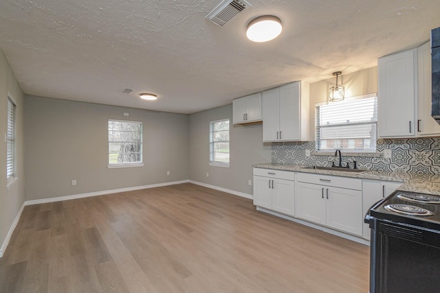 kitchen featuring white cabinets, decorative backsplash, sink, and light hardwood / wood-style flooring