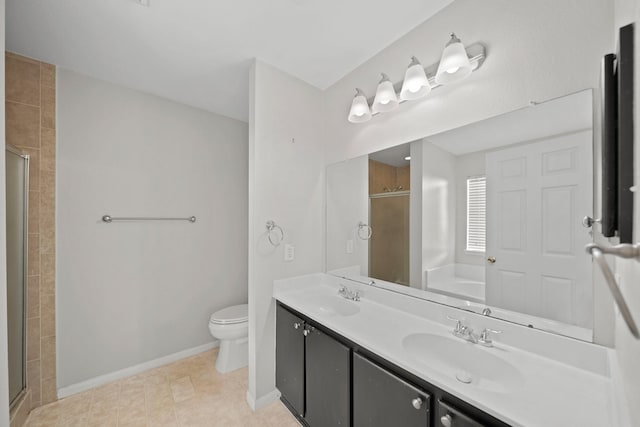 full bathroom featuring tile patterned floors, toilet, vanity, and separate shower and tub