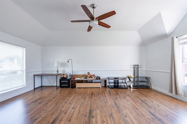 misc room with ceiling fan, dark hardwood / wood-style flooring, and lofted ceiling