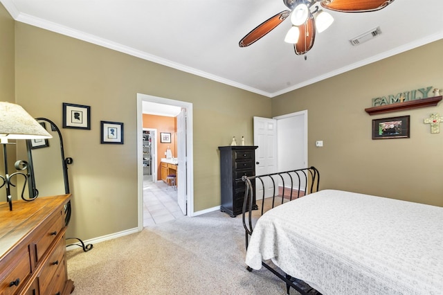 bedroom featuring ceiling fan, light carpet, and ornamental molding