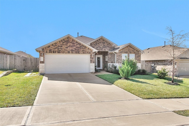 ranch-style house featuring a front lawn and a garage