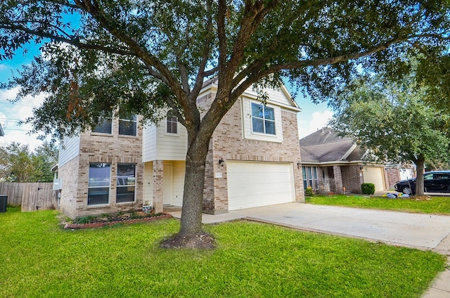 view of front of house with a garage, a front lawn, and central air condition unit