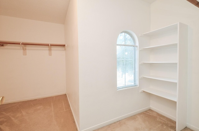 walk in closet featuring light carpet