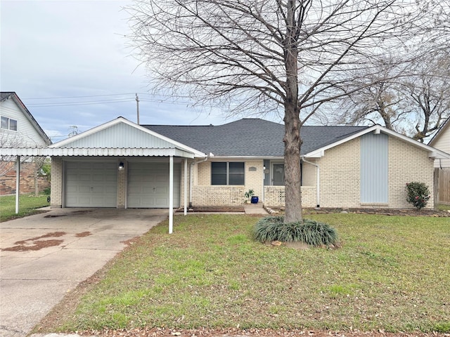 ranch-style home with a garage and a front lawn