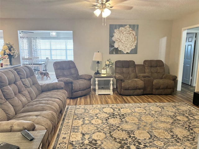 living room with ceiling fan and hardwood / wood-style floors