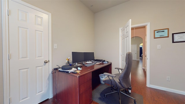 office area featuring dark wood-type flooring