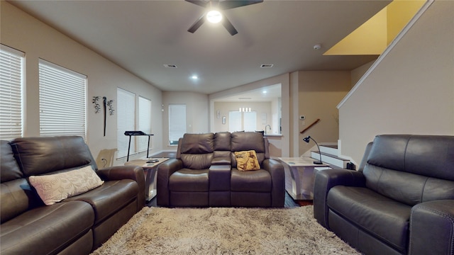 living room featuring ceiling fan