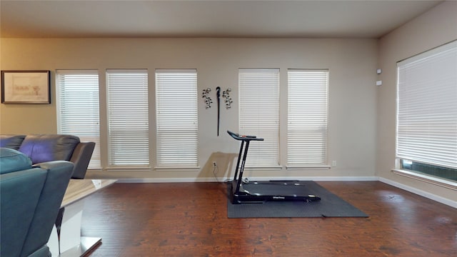 exercise area featuring dark wood-type flooring and plenty of natural light