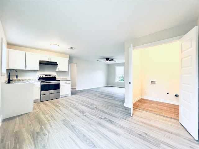 kitchen with white cabinetry, sink, light wood-type flooring, ceiling fan, and stainless steel electric range