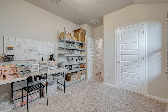 office area with light colored carpet, a textured ceiling, and lofted ceiling